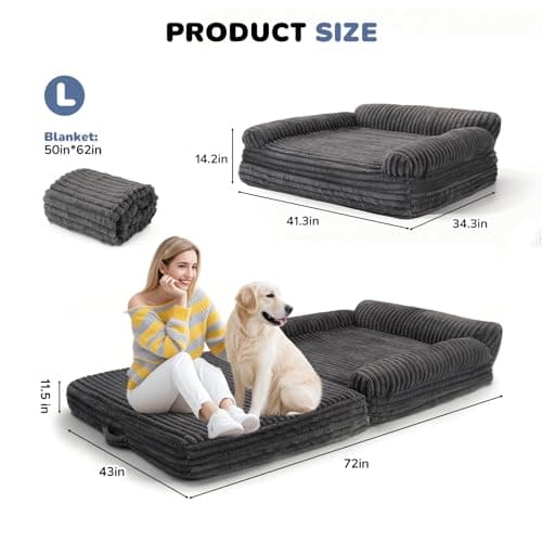 OtterOasis Foldable Human Dog Bed for Adult, Fluffy Faux Angora Human Sized Pet Bed with Blanket, Orthopedic Dog Bed with Egg Foam and Water Repellent Liner (Dark Grey (Foldable), 72" Length) - Thumbnail 2