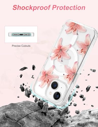 Aitipy Lily Phone Case for iPhone 15, Compatible with MagSafe, Cute Clear TPU Slim Shockproof Protective Phone Cover for Women Girls, Pink Lily - Thumbnail 3
