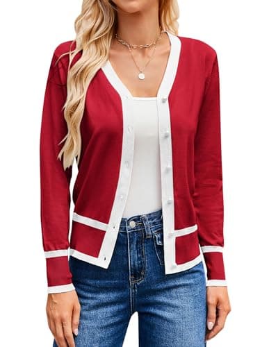 GRACE KARIN Red Sweater for Women Lightweight V Neck Button Up Sweaters Y2k Preppy Style for Women Christmas Cardigan (Red White,L) - Image 1