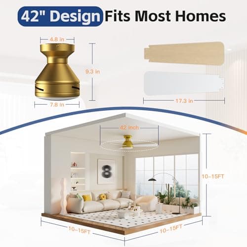 Ceiling Fans with Lights, 42 Inch Ceiling Fan with Light And Remote, 3CCT Flush Moun Low Profile Ceiling Fans, 6 Speed Noiseless LED Ceiling Fan, Advanced Gold Ceilings Fan for Bedroom Living Room - Thumbnail 6