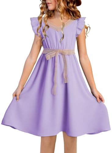 blibean Tween Girls Dresses Summer Short Sleeve Kids Girl Wedding Guest Dress Boho Bohemian Casual Swing Outfit Fashion Semi Formal Party Graduation Clothes Size 14 15 16 Year Old Purple - Image 1