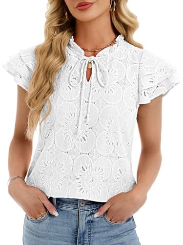 Funlingo Womens Eyelet Tops Summer Ruffle Cap Sleeve Blouses Dressy Casual Hollow Out Crochet Lace Embroidered Shirts 2026 Trendy Fashion White XL - Image 1