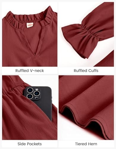 JiAmy Girls Casual Dresses Fall V Neck Long Sleeve Loose Ruffle Tiered Swing Tunic Dress with Pockets Wine Red 5-6 Years - Thumbnail 6