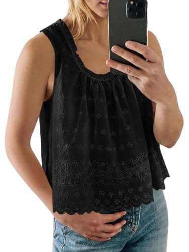 Tankaneo Womens Eyelet Babydoll Tank Top Summer Embroidered Floral Scoop Neck Tops Sleeveless Casual Vacation Shirts Black - Image 1