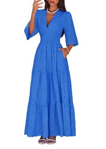 Lazysmile Long Sleeve Dresses for Women V Neck Hollow Out Eyelet Ruffle Swing A-Line Fall Vacation Boho Maxi Dress Dark Royal Blue - Image 1
