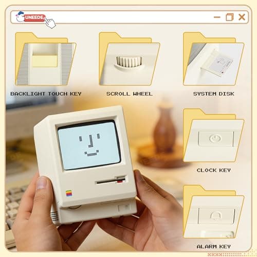 UNEEDE Maclock Retro Desk Clock, 1984 W-8 Computer Inspired Pixel Display Rechargeable Desk Clock, Multi-Alarm, Calendar, Temperature, Dimmable, Unique Retro Tech Gift for Office Bedroom Night Light - Thumbnail 4
