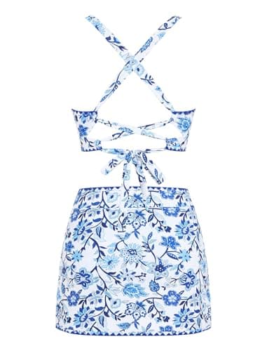 ZAFUL Women's High Waisted Bikini with Skirt Whip Stitch 2 Piece Swimsuits Tummy Control Bathing Suit 0-Blue Floral M - Thumbnail 4