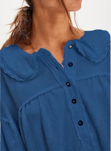 KGGT Women's Waffle Knit Tops Long Sleeve Henley Shirts Oversized Pullover Peter Pan Collar Loose Tunic Blouses(Navy-Blue,M) - Thumbnail 2