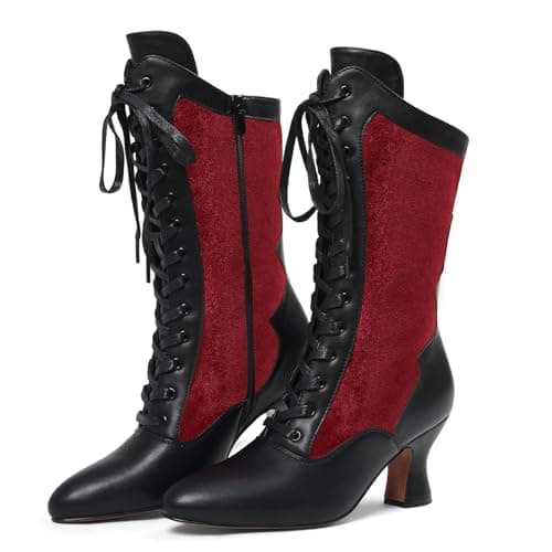 Erocalli Women's Vintage Victorian Boots Winter Mid Calf Lace up Witch Boot - Red, Pointed Toe, Kitten Heel, Halloween, Medieval Costumes, Combat Boots - Image 1
