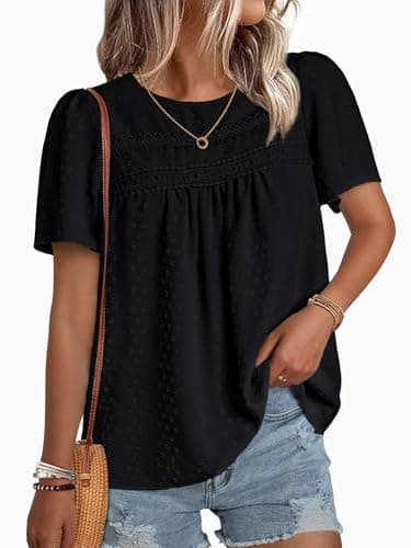 NORACORA Womens Summer Tops Crewneck Short Sleeve Shirts Casual Chiffon Boho Babydoll Blouses Flowy Lace Hem Boho Clothing Trendy 2026 Black M - Image 1