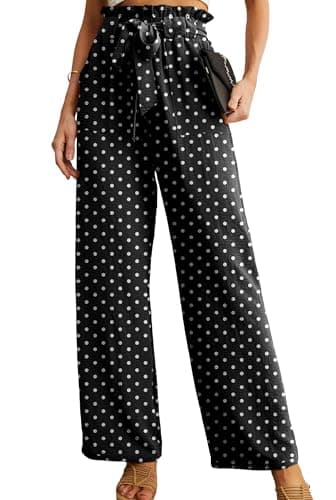 HiMONE Women's Petite Wide Leg Pants with Pockets High Waist Adjustable Knot Loose Casual Trousers Business Work Casual Pant White Black - Image 1