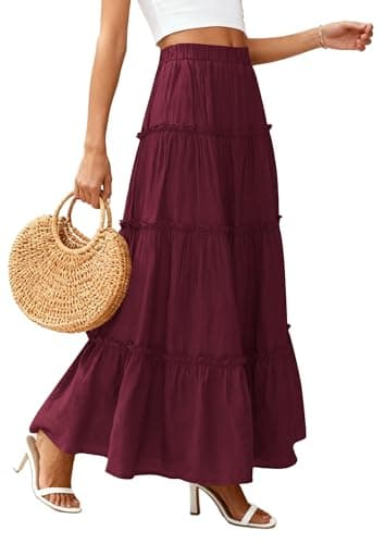 PRETTYGARDEN Boho Maxi Skirts for Women Trendy Summer 2026 Spring Long Flowy A Line Tiered Skirt Beach Vacation Clothes Dress (Burgundy,Large) - Thumbnail 3