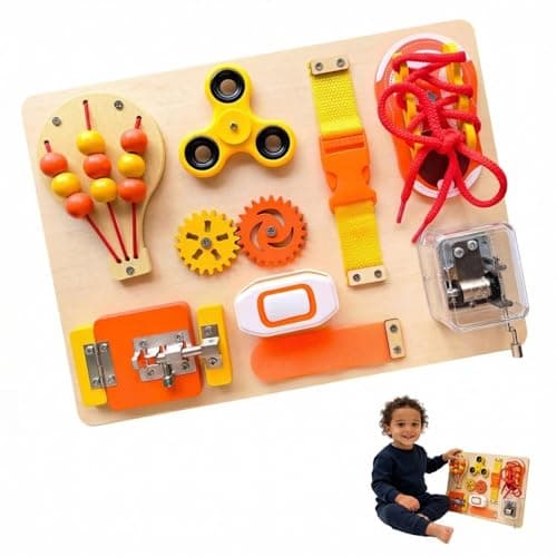 SEYTUFU Montessori Busy Board for Toddlers, Wooden Sensory Toys Autistic Children, Travel Toys for Educational Fidget Board with Switches & Music Boxes, Fidget Spinner, Locks for 3+ Year Kids Gifts. - Image 1