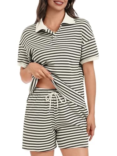 Casly Lamiit Two Piece Short Sets for Women 2026 Summer Casual Knit Outfits Short Sleeve V Neck Top Color Block Going Out Lounge Set with Pockets Black Beige L - Thumbnail 2