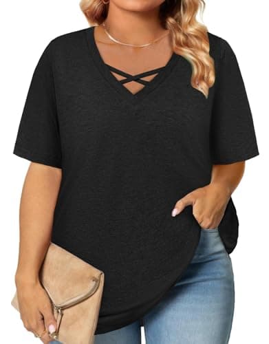 Summer Tops Plus Size Clothes for Women Beach Vacation Fashion Clothing Trendy Short Sleeve Blouses Dressy Casual Oversized Tshirts V Neck T Shirts Travel Essentials Outfits Black 3XL - Image 1