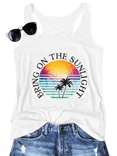 Binshre Graphic Tank Tops for Women Bring On The Sunshine Cocoa Palm Vintage Print Racerback Sleeveless Tops Summer Casual Beach O-Neck Vacation Shirt Cami - Image 1