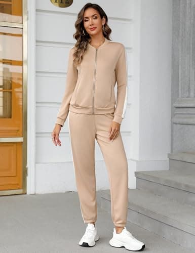 Totatuit Two Piece Outfits for Women Jogger Sets White Side Stripes Workout Sweat Suits Tracksuit Pants Set Khaki Small - Thumbnail 2