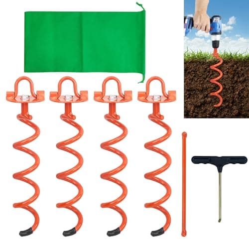 MIXXIDEA 11.4 Inch Gound Anchors Screw in, Metal Spiral Earth Anchors Kit, Heavy Duty Folding Ring Spiral Dog Tie Out Stake, Ground Stakes for Tent Trampolines, Garden Fence, Sheds, Swings (Orange) - Image 1