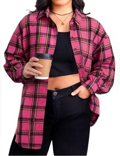 BLANCHES Plus Size Flannel Shirts for Women Lightweight Plaid Shirt Button Down Blouses Casual Boyfriend Shacket Pink - Image 1