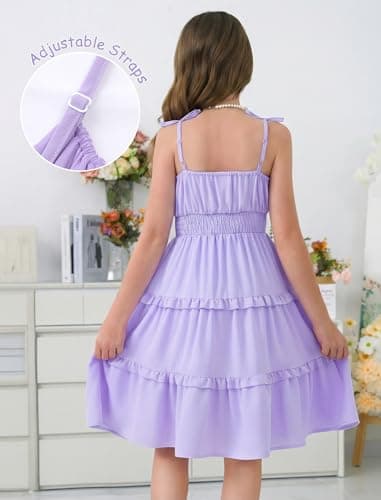 Girls Dresses Size 12-14 Teen Purple Elegant School Easter Summer Spring Sleeveless Spaghetti Strap Sundress Teenage Special Occasion Vestidos para Niñas Ruffled Tiered Graduation Formal Party Dress - Thumbnail 3