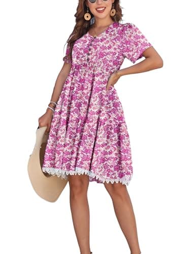 Women's V-Neck Button Down Casual Floral Midi Dress with Short Sleeve Lace Trim Hem Side Pockets (lacebian-39035-3,l) - Image 1