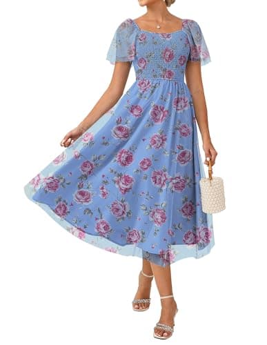 GRACE KARIN Women's Summer Floral Maxi Dress 2026 Square Neck Smocked Mesh Dresses Short Sleeve Wedding Guest Sundress Blue XL - Image 1