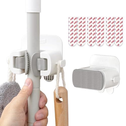 TAILI Mop and Broom Holder Wall Mount Grippers, 2 Hangers and 6 Adhesive Strips, Damage Free Hanging Wall Mount, Household Cleaning Organizer for Organization and Storage, Holds up to 4 lbs, Grey - Image 1
