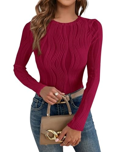 PRETTYGARDEN Women's Tops 2026 Spring Fashion Long Sleeve Crewneck Blouse Fitted Textured Basic Knit T Shirt Y2k Clothes(Wine Red,Large) - Image 1