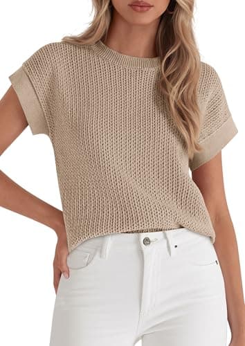 PRETTYGARDEN Women's 2026 Spring Fashion Sweater Vest Business Casual Crochet Tops Cap Sleeve Knit Shirt Beach Summer Outfits (Khaki,Large) - Image 1