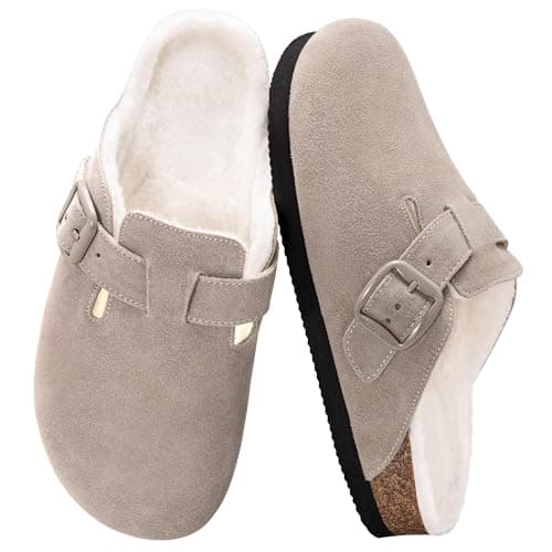 Fuzzy Suede Clogs for Women Fur Lined Leather Mules Soft Non Slip Potato Shoes with Arch Support Taupe - Image 1