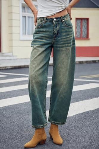 PEIHOT Mid Waisted Barrel Women Jeans Trendy Boyfriend Stretch Loose Crop Denim Pants with Pockets Retro Blue - Thumbnail 4