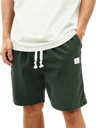 HOTake Mens Corduroy Shorts Casual 7 Inch Elastic Waist Drawstring Summer Beach Loose Fit Shorts Dark Green - Image 1