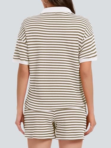 Casly Lamiit Shorts Sets Women 2 Piece Outfits Summer Striped Knit Set V Neck Short Sleeve T Shirts Drawstring Sweatsuit Loungewear 2026 Clothes Brown White XL - Thumbnail 4