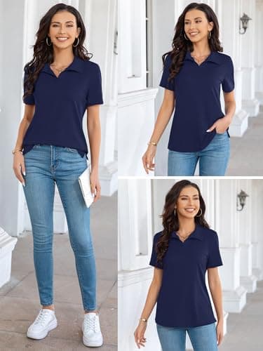 MK Shop Limited Polo Shirts for Women Business Casual Work Lapel Collared Tops V Neck Short Sleeve Summer Quick Dry Golf Polos Tunic Blouse Navy Blue - Thumbnail 6