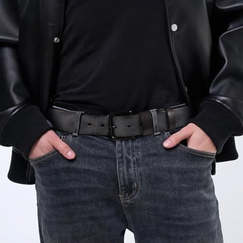 OZNDAS Men's Leather Belt Full Grain Leather Belts for Men Handmade Real Solid Top-Grain Leather Heavy-Duty Work Belt Gifts Grey Leather Belt for Wasit 40"-43" - Thumbnail 3
