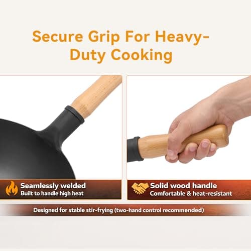WANGYUANJI 14.2" Carbon Steel Wok Round Bottom (Gas Stove Only Requires Separate Wok Ring for Flat Grates) Heavy Duty Nitriding Iron Stir Fry Pan (Spatula & Brush Included - Lid & Ring NOT Included) - Thumbnail 3