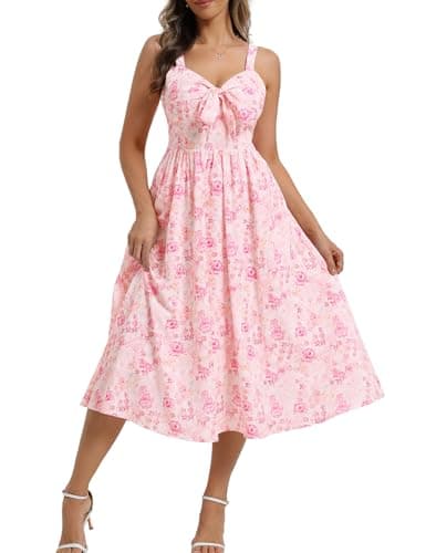 Belle Poque Summer Dresses for Women 2026 Tie Front Dress Beach Wedding Guest Dress Floral Sundress with Pockets (Pink,XL) - Image 1