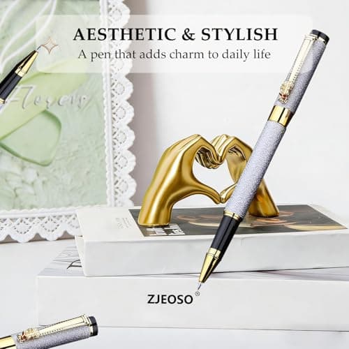 ZJEOSO Luxury Rollerball Pen | Fancy Writing Pen with Black Lacquer & Real Gold Plating | Executive Office Pen, Premium Gift Set for Men & Women | Nice Pens for Writing & Professional Use (White) - Thumbnail 4