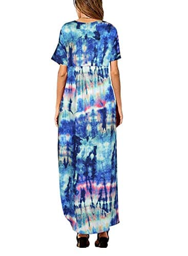 Arolina Women Summer Maxi Dress Short Sleeve V Neck Casual Loose Long Split Dresses Beach Vacation Sundress with Pockets Floral Blue - Thumbnail 2