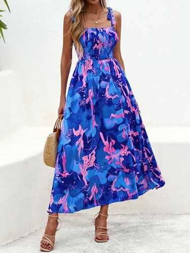 PRETTYGARDEN Womens Summer Dresses Floral Sleeveless Smocked Maxi Dress Boho Spaghetti Strap A Line Flowy Beach Long Sundress(Royal Blue,XX-Large) - Thumbnail 2
