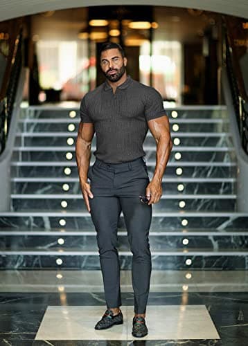 Collared Muscle Shirts for Men Ribbed Knit Slim Fit Polo Shirts Short Sleeve, Mens V Neck T Shirts Casual Stylish Dark Grey - Thumbnail 4