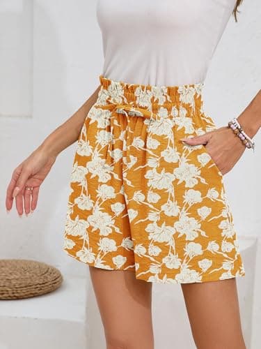 Moodclo Summer Casual Shorts with Pockets White Flower Yellow Small for Women High Waisted Wide Leg Womens Boho Shorts Drawstring Beach Vacation 2025 Clothes - Thumbnail 3