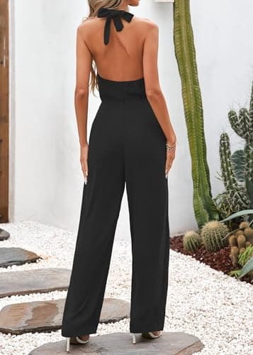 Lazysmile Summer Jumpsuits for Women Sleeveless Halter Backless Pants Romper Dressy Wide Legs One Piece Outfits - Thumbnail 2