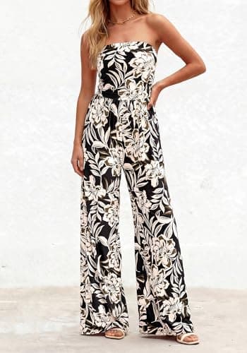 BTFBM Jumpsuits For Women Casual 2026 Floral Strapless Jumpsuit Wide Leg Rompers Beach Vacation Clothes Summer Outfits(Floral Black Beige, XX-Large) - Thumbnail 4