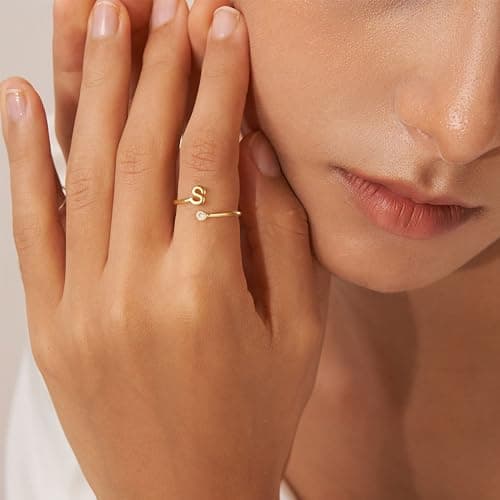 Turandoss Dainty Rings for Women - Initial S Letter Adjustable Rings for Women Non Tarnish Trendy Jewelry Gifts - Thumbnail 3