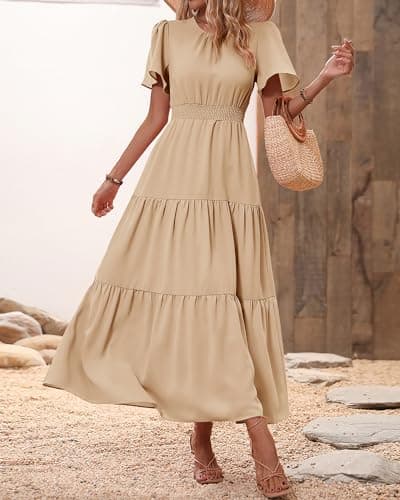 PRETTYGARDEN Women's Summer Casual Short Flutter Sleeve Round Neck Smocked Waist Tiered Boho Floral Flowy Maxi Dress(Solid Khaki,Small) - Thumbnail 3