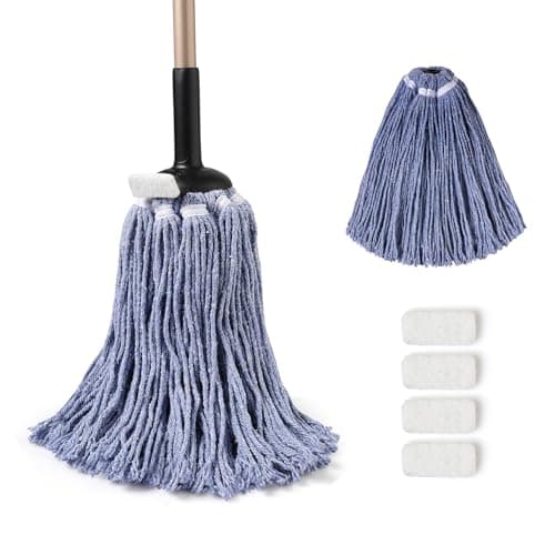 Eyliden String Mop, Wet & Dry Cotton Mop | Non-Touch Replacement, 2 Reusable Heads, 4 Scouring Pads, Adjustable Handle, Home Commercial Floor Cleaning Tools for Any Surfaces (Blue)