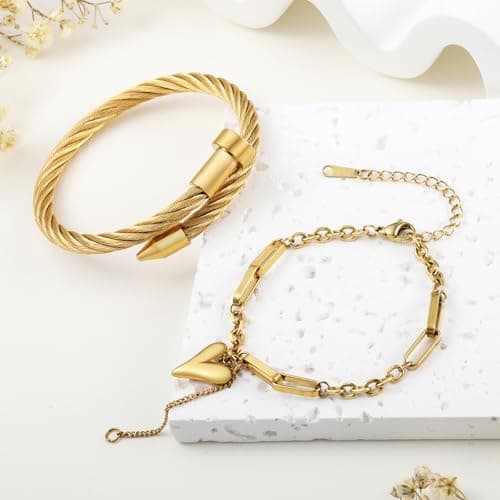 LCTrusttmor Gahna Heart Charm Bracelets for Women, Stackable 18K Gold Plated Heart Charm with Adjustable Box Link Chain Set Trendy Jewelry Gifts - Thumbnail 6