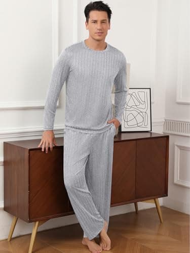 RQP Men's Pajama Set Ribbed Lounge Wear Silky Smooth 2 Piece Sleepwear,Stretch Home Outfits for Men,Grey - Thumbnail 2