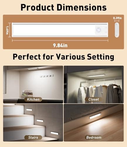 SZOKLED Motion Sensor Light Indoor, Rechargeable Closet Lights Battery Operated, Dimmable Under Cabinet Lighting for Kitchen, Stair, Wardrobe, Pantry, 4Pack (9.84inch) - Thumbnail 6